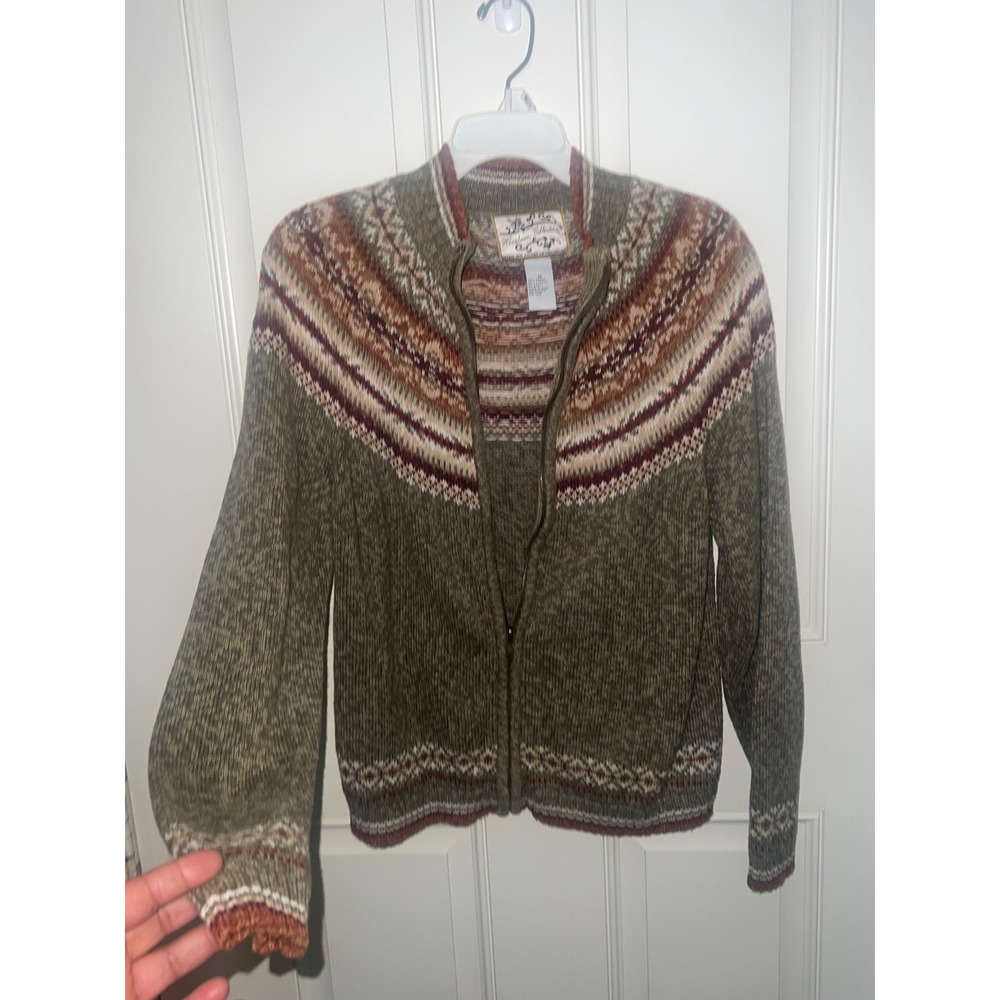 Vtg Heirloom Collectible Preppy Fair Isle Olive Green Ramie Zip Cardigan M